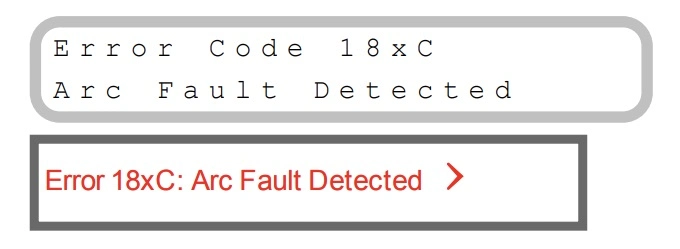 error message on SolarEdge inverter indicating an arc fault in the system